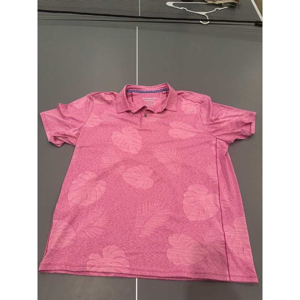 Tommy Bahama Polo Shirt Mens XL Big Pink Tropical Leaf IslandZone Stretch